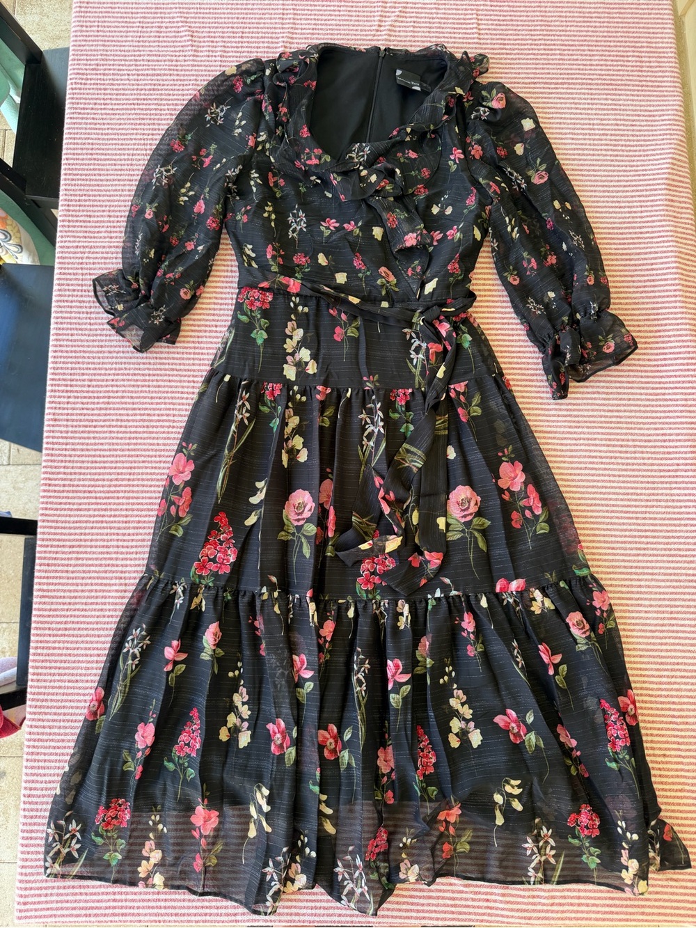 Maison Tara Black Floral Chiffon Tiered Maxi Dress 8 Cottagecore Ruffles Belted